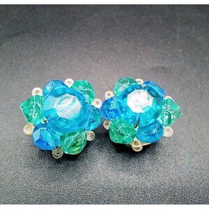 Cluster Bead Earrings Blue Flowers Green Leaves Germany Clip On Vintage Plastic